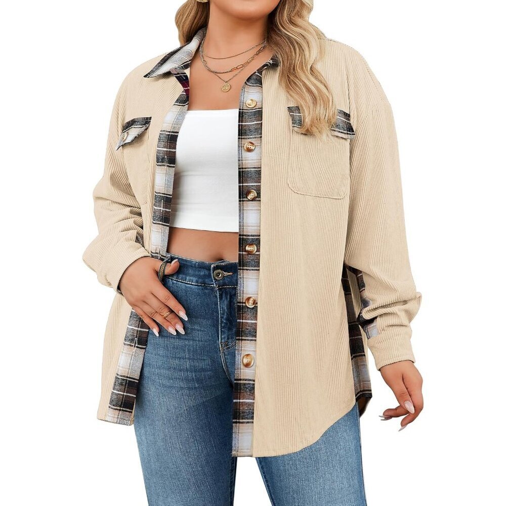 Womens Plus Size Corduroy Shacket Plaid Button Down Long Sleeves Casual